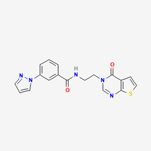 molecular formula C18H15N5O2S B2914930 N-(2-(4-oxothieno[2,3-d]pyrimidin-3(4H)-yl)ethyl)-3-(1H-pyrazol-1-yl)benzamide CAS No. 2034600-96-7