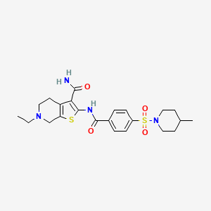 molecular formula C23H30N4O4S2 B2915053 6-ethyl-2-[[4-(4-methylpiperidin-1-yl)sulfonylbenzoyl]amino]-5,7-dihydro-4H-thieno[2,3-c]pyridine-3-carboxamide CAS No. 449767-81-1