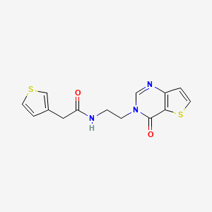 molecular formula C14H13N3O2S2 B2915226 N-(2-(4-氧代噻吩并[3,2-d]嘧啶-3(4H)-基)乙基)-2-(噻吩-3-基)乙酰胺 CAS No. 2034412-42-3