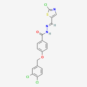 molecular formula C18H12Cl3N3O2S B2915228 N'-[(E)-(2-chloro-1,3-thiazol-5-yl)methylidene]-4-[(3,4-dichlorobenzyl)oxy]benzenecarbohydrazide CAS No. 320423-47-0