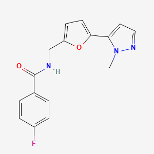 molecular formula C16H14FN3O2 B2915254 4-Fluoro-N-[[5-(2-methylpyrazol-3-yl)furan-2-yl]methyl]benzamide CAS No. 2415623-29-7