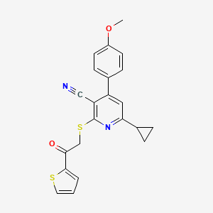 molecular formula C22H18N2O2S2 B2915284 6-Cyclopropyl-4-(4-methoxyphenyl)-2-((2-oxo-2-(thiophen-2-yl)ethyl)thio)nicotinonitrile CAS No. 313402-77-6