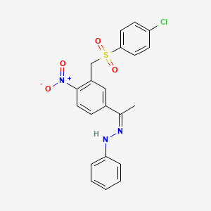 molecular formula C21H18ClN3O4S B2915385 N-[(Z)-1-[3-[(4-chlorophenyl)sulfonylmethyl]-4-nitrophenyl]ethylideneamino]aniline CAS No. 339016-31-8
