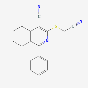 molecular formula C18H15N3S B2915439 3-[(Cyanomethyl)sulfanyl]-1-phenyl-5,6,7,8-tetrahydro-4-isoquinolinecarbonitrile CAS No. 315246-86-7