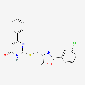 molecular formula C21H16ClN3O2S B2915463 2-(((2-(3-Chlorophenyl)-5-methyloxazol-4-yl)methyl)thio)-6-phenylpyrimidin-4-ol CAS No. 1040646-29-4