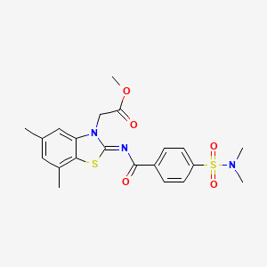 molecular formula C21H23N3O5S2 B2915492 (Z)-甲基 2-(2-((4-(N,N-二甲基氨磺酰)苯甲酰)亚氨基)-5,7-二甲基苯并[d]噻唑-3(2H)-基)乙酸酯 CAS No. 1321661-38-4