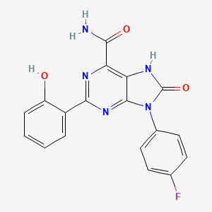 molecular formula C18H12FN5O3 B2915504 9-(4-fluorophenyl)-2-(2-hydroxyphenyl)-8-oxo-8,9-dihydro-7H-purine-6-carboxamide CAS No. 869069-12-5