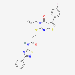 molecular formula C26H20FN5O2S3 B2915530 3-[5-(4-fluorophenyl)-4-oxo-3-prop-2-enylthieno[2,3-d]pyrimidin-2-yl]sulfanyl-N-(3-phenyl-1,2,4-thiadiazol-5-yl)propanamide CAS No. 690270-31-6