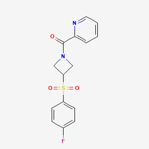 molecular formula C15H13FN2O3S B2915589 (3-((4-氟苯基)磺酰基)氮杂环丁-1-基)(吡啶-2-基)甲酮 CAS No. 1448065-59-5
