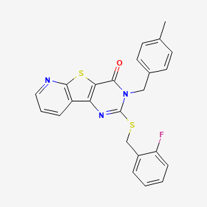 molecular formula C24H18FN3OS2 B2915612 2-((2-fluorobenzyl)thio)-3-(4-methylbenzyl)pyrido[3',2':4,5]thieno[3,2-d]pyrimidin-4(3H)-one CAS No. 1223985-87-2