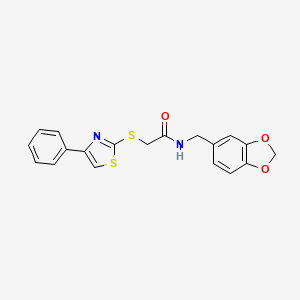 molecular formula C19H16N2O3S2 B2915682 N-(benzo[d][1,3]dioxol-5-ylmethyl)-2-((4-phenylthiazol-2-yl)thio)acetamide CAS No. 727689-61-4