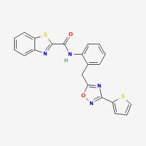molecular formula C21H14N4O2S2 B2915710 N-(2-((3-(thiophen-2-yl)-1,2,4-oxadiazol-5-yl)methyl)phenyl)benzo[d]thiazole-2-carboxamide CAS No. 1797960-20-3