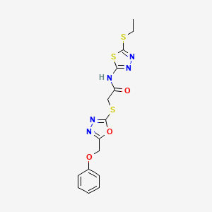 molecular formula C15H15N5O3S3 B2915717 N-(5-(乙硫基)-1,3,4-噻二唑-2-基)-2-((5-(苯氧甲基)-1,3,4-恶二唑-2-基)硫代)乙酰胺 CAS No. 919264-42-9