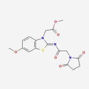 molecular formula C17H17N3O6S B2915728 Methyl 2-[2-[2-(2,5-dioxopyrrolidin-1-yl)acetyl]imino-6-methoxy-1,3-benzothiazol-3-yl]acetate CAS No. 897734-54-2