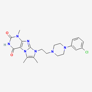 molecular formula C22H26ClN7O2 B2915844 8-{2-[4-(3-Chlorophenyl)piperazinyl]ethyl}-1,6,7-trimethyl-1,3,5-trihydro-4-im idazolino[1,2-h]purine-2,4-dione CAS No. 923164-64-1