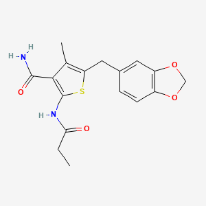 molecular formula C17H18N2O4S B2915913 5-(Benzo[d][1,3]dioxol-5-ylmethyl)-4-methyl-2-propionamidothiophene-3-carboxamide CAS No. 476368-69-1