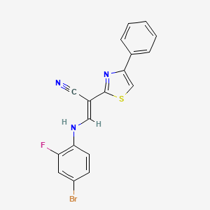molecular formula C18H11BrFN3S B2915932 (E)-3-((4-bromo-2-fluorophenyl)amino)-2-(4-phenylthiazol-2-yl)acrylonitrile CAS No. 799772-74-0