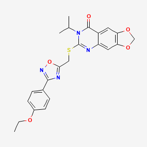 molecular formula C23H22N4O5S B2915985 6-({[3-(4-ethoxyphenyl)-1,2,4-oxadiazol-5-yl]methyl}thio)-7-isopropyl[1,3]dioxolo[4,5-g]quinazolin-8(7H)-one CAS No. 1030110-39-4