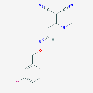 molecular formula C15H15FN4O B2915989 2-[(3E)-1-(dimethylamino)-3-{[(3-fluorophenyl)methoxy]imino}propylidene]propanedinitrile CAS No. 478262-31-6
