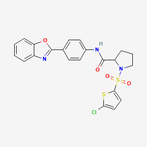 molecular formula C22H18ClN3O4S2 B2916002 N-(4-(benzo[d]oxazol-2-yl)phenyl)-1-((5-chlorothiophen-2-yl)sulfonyl)pyrrolidine-2-carboxamide CAS No. 1098644-77-9