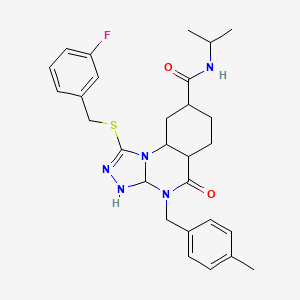 molecular formula C28H26FN5O2S B2916040 1-{[(3-氟苯基)甲基]硫烷基}-4-[(4-甲苯基)甲基]-5-氧代-N-(丙-2-基)-4H,5H-[1,2,4]三唑并[4,3-a]喹唑啉-8-甲酰胺 CAS No. 2034514-49-1