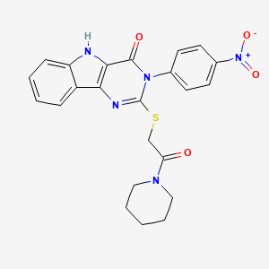 molecular formula C23H21N5O4S B2916049 3-(4-nitrophenyl)-2-(2-oxo-2-piperidin-1-ylethyl)sulfanyl-5H-pyrimido[5,4-b]indol-4-one CAS No. 536716-63-9
