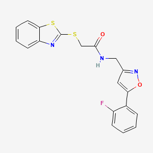 molecular formula C19H14FN3O2S2 B2916164 2-(苯并[d]噻唑-2-基硫代)-N-((5-(2-氟苯基)异恶唑-3-基)甲基)乙酰胺 CAS No. 1207010-16-9