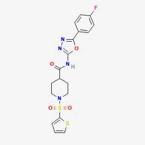 molecular formula C18H17FN4O4S2 B2916182 N-(5-(4-fluorophenyl)-1,3,4-oxadiazol-2-yl)-1-(thiophen-2-ylsulfonyl)piperidine-4-carboxamide CAS No. 899958-99-7