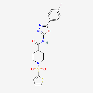 molecular formula C18H17FN4O4S2 B2916182 N-(5-(4-氟苯基)-1,3,4-恶二唑-2-基)-1-(噻吩-2-磺酰基)哌啶-4-甲酰胺 CAS No. 899958-99-7