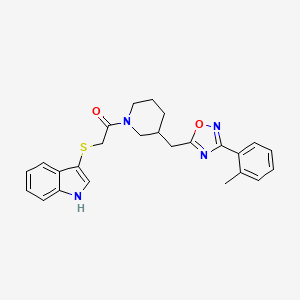 molecular formula C25H26N4O2S B2916183 2-((1H-indol-3-yl)thio)-1-(3-((3-(o-tolyl)-1,2,4-oxadiazol-5-yl)methyl)piperidin-1-yl)ethanone CAS No. 1705208-51-0