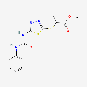 molecular formula C13H14N4O3S2 B2916201 Methyl 2-((5-(3-phenylureido)-1,3,4-thiadiazol-2-yl)thio)propanoate CAS No. 898437-14-4
