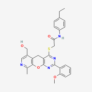 molecular formula C29H28N4O4S B2916215 N-(4-ethylphenyl)-2-((6-(hydroxymethyl)-2-(2-methoxyphenyl)-9-methyl-5H-pyrido[4',3':5,6]pyrano[2,3-d]pyrimidin-4-yl)thio)acetamide CAS No. 892380-44-8