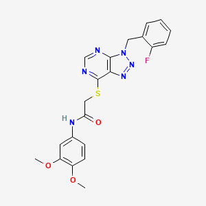 molecular formula C21H19FN6O3S B2916216 N-(3,4-二甲氧基苯基)-2-((3-(2-氟苄基)-3H-[1,2,3]三唑并[4,5-d]嘧啶-7-基)硫代)乙酰胺 CAS No. 863458-68-8