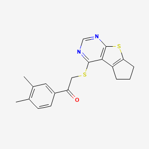 molecular formula C19H18N2OS2 B2916221 1-(3,4-dimethylphenyl)-2-{7-thia-9,11-diazatricyclo[6.4.0.0^{2,6}]dodeca-1(8),2(6),9,11-tetraen-12-ylsulfanyl}ethan-1-one CAS No. 727689-59-0