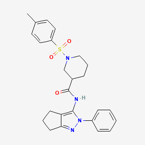 molecular formula C25H28N4O3S B2916239 N-(2-phenyl-2,4,5,6-tetrahydrocyclopenta[c]pyrazol-3-yl)-1-tosylpiperidine-3-carboxamide CAS No. 1209187-47-2