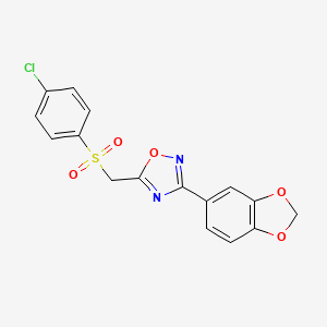 molecular formula C16H11ClN2O5S B2916241 3-(Benzo[d][1,3]dioxol-5-yl)-5-(((4-chlorophenyl)sulfonyl)methyl)-1,2,4-oxadiazole CAS No. 1105232-78-7