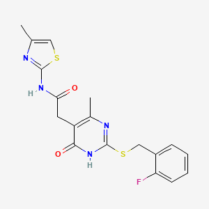 molecular formula C18H17FN4O2S2 B2916272 2-(2-((2-fluorobenzyl)thio)-4-methyl-6-oxo-1,6-dihydropyrimidin-5-yl)-N-(4-methylthiazol-2-yl)acetamide CAS No. 1105200-92-7