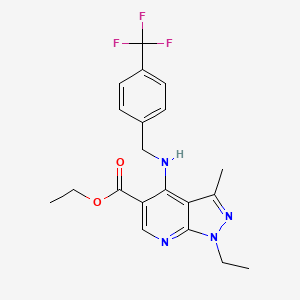 molecular formula C20H21F3N4O2 B2916294 ethyl 1-ethyl-3-methyl-4-{[4-(trifluoromethyl)benzyl]amino}-1H-pyrazolo[3,4-b]pyridine-5-carboxylate CAS No. 860785-58-6