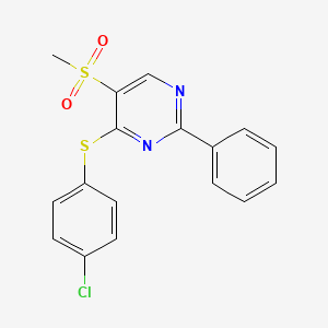 molecular formula C17H13ClN2O2S2 B2916296 4-[(4-Chlorophenyl)sulfanyl]-2-phenyl-5-pyrimidinyl methyl sulfone CAS No. 866136-51-8