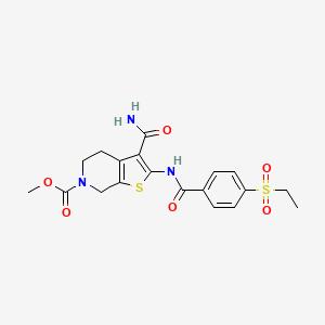molecular formula C19H21N3O6S2 B2916365 methyl 3-carbamoyl-2-(4-(ethylsulfonyl)benzamido)-4,5-dihydrothieno[2,3-c]pyridine-6(7H)-carboxylate CAS No. 886955-37-9