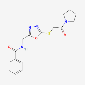 molecular formula C16H18N4O3S B2916377 N-[[5-(2-oxo-2-pyrrolidin-1-ylethyl)sulfanyl-1,3,4-oxadiazol-2-yl]methyl]benzamide CAS No. 906154-87-8