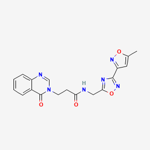 molecular formula C18H16N6O4 B2916380 N-((3-(5-methylisoxazol-3-yl)-1,2,4-oxadiazol-5-yl)methyl)-3-(4-oxoquinazolin-3(4H)-yl)propanamide CAS No. 2034288-03-2