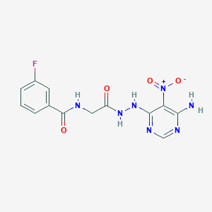 molecular formula C13H12FN7O4 B2916394 N-(2-(2-(6-amino-5-nitropyrimidin-4-yl)hydrazinyl)-2-oxoethyl)-3-fluorobenzamide CAS No. 450346-08-4
