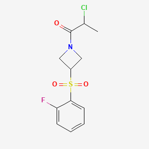 molecular formula C12H13ClFNO3S B2916398 2-Chloro-1-[3-(2-fluorophenyl)sulfonylazetidin-1-yl]propan-1-one CAS No. 2411291-06-8