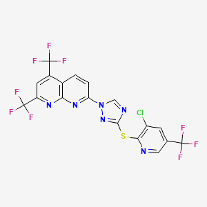 molecular formula C18H6ClF9N6S B2916418 7-(3-{[3-chloro-5-(trifluoromethyl)-2-pyridinyl]sulfanyl}-1H-1,2,4-triazol-1-yl)-2,4-bis(trifluoromethyl)[1,8]naphthyridine CAS No. 303151-86-2