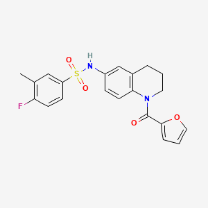 molecular formula C21H19FN2O4S B2916484 4-fluoro-N-[1-(2-furoyl)-1,2,3,4-tetrahydroquinolin-6-yl]-3-methylbenzenesulfonamide CAS No. 946247-00-3