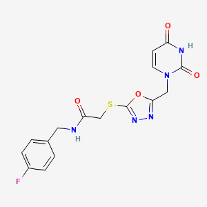 molecular formula C16H14FN5O4S B2916528 2-((5-((2,4-dioxo-3,4-dihydropyrimidin-1(2H)-yl)methyl)-1,3,4-oxadiazol-2-yl)thio)-N-(4-fluorobenzyl)acetamide CAS No. 1091392-71-0