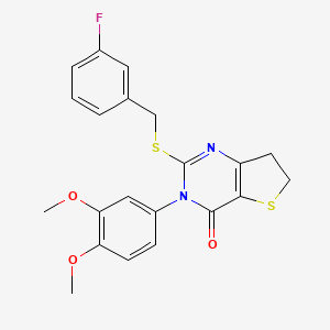 molecular formula C21H19FN2O3S2 B2916622 3-(3,4-dimethoxyphenyl)-2-((3-fluorobenzyl)thio)-6,7-dihydrothieno[3,2-d]pyrimidin-4(3H)-one CAS No. 877656-14-9