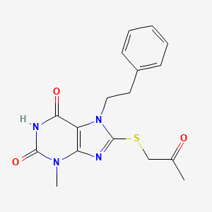 molecular formula C17H18N4O3S B2916643 3-methyl-8-((2-oxopropyl)thio)-7-phenethyl-1H-purine-2,6(3H,7H)-dione CAS No. 332149-60-7