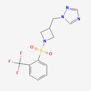 molecular formula C13H13F3N4O2S B2916676 1-((1-((2-(三氟甲基)苯基)磺酰基)氮杂环丁-3-基)甲基)-1H-1,2,4-三唑 CAS No. 2176202-16-5